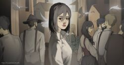  beard bird black_hair black_hat blonde_hair braid breasts collared_shirt commentary crowd english_commentary facial_hair grey_eyes hair_between_eyes hat highres long_hair looking_at_viewer medium_breasts mikasa_ackerman multiple_boys multiple_girls scar scar_on_cheek scar_on_face shingeki_no_kyojin shirt short_hair suspenders town twin_braids twitter_username white_shirt yorumudts 