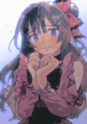  1girl bang_dream! bang_dream!_yumemita black_bow black_bowtie blunt_bangs bow bowtie clothing_cutout empty_eyes frilled_shirt frills gengentan green_eyes hair_bow hair_bun hair_ornament hairclip hands_up heart heart_hands highres jirai_kei long_hair long_sleeves looking_at_viewer mole mole_under_mouth official_alternate_costume own_hands_together pink_bow pink_shirt shirt shoulder_cutout single_side_bun smile solo upper_body viola_(bang_dream!) x_hair_ornament 