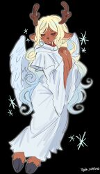  1girl animal_ears antlers black_background blonde_hair buck_teeth closed_eyes commentary deer_antlers deer_ears deer_girl deltarune feathered_wings freckles frown full_body furry furry_female gradient_hair highres hooves horns long_hair missaliasalias multicolored_hair noelle_holiday noelle_holiday_(dark_world) outline own_hands_clasped own_hands_together robe signature snowflakes solo teeth untranslatable_commentary utdr_(toby_fox) very_long_hair white_hair white_outline white_robe white_wings wings 
