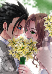  1boy 1girl aerith_gainsborough bare_shoulders black_hair blue_eyes blush bridal_veil bride brown_hair closed_mouth commentary_request couple crisis_core:_final_fantasy_vii dress drill_hair drill_sidelocks face-to-face final_fantasy final_fantasy_vii final_fantasy_vii_remake flower from_side green_eyes grey_jacket groom hair_flower hair_ornament hetero highres holding holding_flower jacket jewelry lily_(flower) long_hair looking_at_another open_mouth parted_bangs profile ring see-through_clothes see-through_veil shikiwo shirt short_hair sidelocks smile spiky_hair upper_body veil wedding_dress wedding_ring white_dress white_shirt yellow_flower zack_fair 