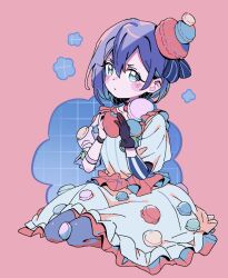  1girl asymmetrical_hair black_gloves black_pantyhose blue_background blue_dress blush bow closed_mouth dalidari27 dress food food_print frilled_dress frills full_body gloves green_eyes grid_background hair_between_eyes hands_up haraga_kurumi hat hat_bow highres holding_macaron kimi_no_koto_ga_dai_dai_dai_dai_daisuki_na_100-nin_no_kanojo limited_palette looking_at_viewer macaron macaron_hat macaron_print official_alternate_costume pantyhose puffy_dress purple_hair short_sleeves single_glove sitting solo 