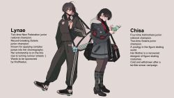  2girls absurdres bag black_choker black_hair black_hoodie black_jacket black_pantyhose black_shoes black_sweater blowing_bubble_gum character_profile chewing_gum chisa_(wuthering_waves) choker coat glasses grey_coat grey_socks highres hood hoodie jacket long_hair long_sleeves multiple_girls pants pantyhose reading red_eyes ribbon shoes shoulder_bag socks sweater sweatpants swordheists wuthering_waves 