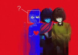  1other ? antenna_hair armor black_bodysuit black_shirt blue_hair blue_screen_of_death blue_skin bodysuit breastplate brown_hair cape collared_shirt colored_skin commentary deltarune film_grain gauntlets green_sweater heart highres kris_(dark_world)_(deltarune) kris_(deltarune) long_sleeves pink_cape red_background red_eyes shaded_face shirt shirt_under_sweater short_hair shoulder_armor simple_background soul_(character)_(deltarune) striped_clothes striped_sweater sweater utdr_(toby_fox) valve_core 