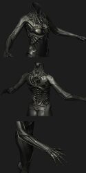  3d arm_focus ass autodesk_3ds_max_(medium) bodysuit bokaja_(jakob_falkenberg) breasts commentary concept_art cowboy_shot cropped_torso drifters_(eve_online) english_commentary eve_online facing_away feet_out_of_frame from_behind greyscale highres lower_body maya_(medium) medium_breasts monochrome multiple_views no_humans official_art realistic science_fiction simple_background undoz upper_body zbrush_(medium) 