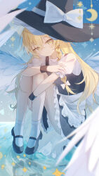  1girl absurdres angel_wings apron black_hat black_shoes black_skirt black_vest blonde_hair bow braid commentary_request crescent feathered_wings frilled_skirt frills hair_between_eyes hair_bow hat hat_bow highres hugging_own_legs kirisame_marisa long_hair looking_at_viewer mary_janes puffy_short_sleeves puffy_sleeves reflection reflective_liquid shoes short_sleeves side_braid single_braid sitting skirt socks solo touhou vest waist_apron water white_apron white_bow white_socks white_wings wings witch_hat yellow_eyes z-bow 