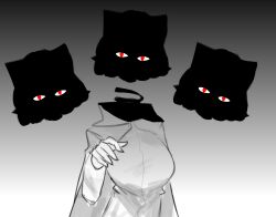  1girl absurdres cape commentary dullahan english_commentary eyes_in_shadow floating_head gradient_background grey_background greyscale highres long_sleeves looking_at_viewer monochrome multiple_heads reaching reaching_towards_viewer red_eyes sekibanki shirt solo spot_color theholyvoid touhou upper_body 
