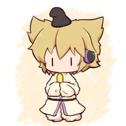  1girl black_hat blonde_hair chibi chibi_only commentary_request earmuffs full_body gomashio_(goma_feet) hat japanese_clothes kimono long_sleeves no_mouth pointy_hair short_hair sleeves_past_fingers sleeves_past_wrists solo standing touhou toyosatomimi_no_miko white_kimono |_| 