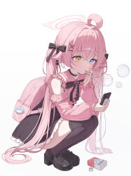  1girl absurdres ahoge alternate_costume backpack bag black_bow black_bowtie black_choker black_shoes black_skirt black_thighhighs block_heels blowing_bubbles blue_archive blue_eyes bottle bow bowtie box cellphone choker commentary_request crying crying_with_eyes_open detached_sleeves dlrkdals070707 frilled_shirt frilled_skirt frilled_sleeves frills from_side full_body hair_ornament hairclip halo heterochromia highres holding holding_bottle holding_phone hoshino_(blue_archive) jirai_kei korean_commentary long_hair long_sleeves miniskirt phone pink_bag pink_hair pink_halo pink_shirt pink_sleeves pretend_cigarette school_uniform shadow shirt shoes simple_background skirt sleeveless sleeveless_shirt smartphone solo squatting straight_hair tears thigh-highs very_long_hair white_background x_hair_ornament yellow_eyes 