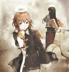  angel angel_wings black_hair brown_coat brown_hair coat denim denim_jacket dress facing_away haibane_renmei halo highres jacket long_hair long_skirt messy_hair moped motor_vehicle orange_sailor_collar rakka_(haibane_renmei) reki_(haibane_renmei) rodia sailor_collar short_hair skirt smoking traditional_halo white_dress wings 