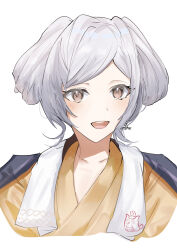  1girl absurdres bath_yukata brown_eyes commentary_request female_robin_(fire_emblem) female_robin_(onsen_tactician)_(fire_emblem) fire_emblem fire_emblem_awakening fire_emblem_heroes hair_rings highres japanese_clothes kimono looking_at_viewer medium_hair official_alternate_costume official_alternate_hairstyle open_mouth portrait simple_background solo towel towel_around_neck white_background white_hair yellow_kimono yoka_(103xp) yukata 