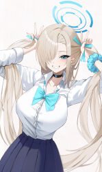  1girl absurdres asuna_(blue_archive) asuna_(school_uniform)_(blue_archive) blonde_hair blue_archive blue_eyes blue_halo blush breasts choker collarbone commentary_request gang_ryeol grin hair_over_one_eye halo highres large_breasts long_hair looking_at_viewer pleated_skirt red_ribbon red_skirt ribbon scrunchie skirt sleeves_rolled_up smile solo twintails very_long_hair wrist_scrunchie 