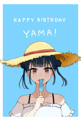  1girl absurdres bare_shoulders blue_background blue_hair border brown_eyes brown_hat character_name collarbone commentary_request double_bun food frilled_shirt frills hair_bun hand_up happy_birthday hat highres holding holding_food looking_at_viewer nijisanji open_mouth popsicle shirt solo straw_hat teeth twintails upper_body upper_teeth_only virtual_youtuber white_border white_shirt yamagami_karuta yowayowap 