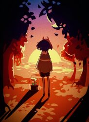  1other aislan brown_hair brown_shorts child deltarune evening fake_horns flower flowery_(deltarune) glass grass highres horns kris_(deltarune) lake long_sleeves looking_at_viewer nature orange_sky other_focus outdoors red_horns scenery shaded_face short_hair shorts sky striped_clothes striped_sweater sun sunset sweater tree utdr_(toby_fox) yellow_flower 
