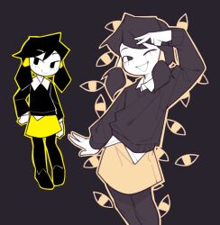  1girl :d ;d arm_at_side arm_up black_background black_eyes black_hair black_pantyhose black_shoes black_sweater character_request closed_mouth collared_shirt copyright_request fujimna hair_tubes hand_on_own_hip highres long_hair looking_at_viewer looking_to_the_side multiple_views one_eye_closed open_hand open_mouth outline pantyhose shirt shoes skirt smile sweater too_many_eyes v white_shirt yellow_outline yellow_skirt 