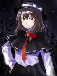  1girl black_capelet black_hat black_skirt bow brown_eyes brown_hair capelet closed_mouth commentary_request fedora hair_bow hand_on_own_hip hat hat_bow highres kuya_(hey36253625) long_sleeves medium_hair necktie night outdoors red_bow red_necktie ribbon-trimmed_capelet ribbon_trim shirt shirt_tucked_in single_sidelock sketch skirt smile solo tie_clip touhou usami_renko white_shirt 