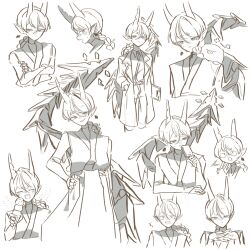  1boy blush braid braided_ponytail clipboard closed_mouth collared_shirt commentary_request creature creature_on_shoulder crossed_arms dark-skinned_male dark_skin earrings floating_earrings flustered food from_side hand_on_own_hip happy highres holding holding_clipboard holding_food holding_ice_cream_cone holding_popsicle horns ice_cream_cone ice_god_(jimini_shijimi) interlocked_fingers japanese_clothes jewelry jimini_shijimi lab_coat long_hair long_sleeves looking_at_viewer looking_down monochrome multiple_views on_shoulder open_mouth original own_hands_together pants pointy_ears popsicle shirt simple_background single_earring sleeveless smile straight-on sweatdrop tail white_background 