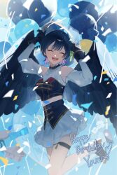  1girl :d arms_up balloon bare_shoulders bird_wings blue_choker blue_gem blue_gloves blue_hair blue_shirt blue_wings breasts character_name choker closed_eyes commentary confetti crop_top facing_viewer fold-over_boots fold-over_gloves gem gloves green_ribbon hair_ribbon happy_birthday highres layered_skirt long_sleeves medium_breasts midriff multicolored_hair natukaeru_(natukaeru_89) nijisanji nijisanji_matching_outfit pink_hair ribbon see-through_clothes see-through_veil shirt short_hair skirt smile solo standing standing_on_one_leg thigh_strap veil virtual_youtuber white_skirt wings wolf_cut yamagami_karuta 