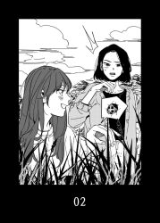  2girls bad_source bag black_background blush bug bumped_into_x cardigan cha_dahm clouds commentary_request feet_out_of_frame furrowed_brow grass greyscale grin je_minjin jewelry korean_commentary ladybug layered_clothes long_hair long_sleeves looking_at_another monochrome mountain multiple_girls official_art open_cardigan open_clothes pants ring shirt short_hair shoulder_bag smile squatting standing sweatdrop sweater t-shirt upper_body yeongol yuri 