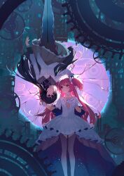 2girls absurdres acr_(dash) akemi_homura akemi_homura_(magical_girl) argyle_clothes argyle_pantyhose black_collar black_hair building capelet chinese_commentary choker circle collar commentary_request cracked_background dress expressionless feet_out_of_frame frilled_skirt frills gears gloves grey_skirt hair_ribbon hand_in_another's_hair hand_on_own_chest highres kaname_madoka long_hair looking_at_another magical_girl mahou_shoujo_madoka_magica mahou_shoujo_madoka_magica_(anime) multiple_girls neck_ribbon pink_hair pleated_capelet pleated_dress purple_ribbon purple_thighhighs red_ribbon ribbon rotational_symmetry shirt skirt space_print starry_sky_print thighhighs twintails two-tone_capelet ultimate_madoka upside-down very_long_hair wheel white_capelet white_choker white_dress white_gloves white_shirt