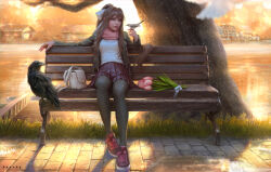  1girl animal artist_name bag bench bird bird_on_hand black_pantyhose bow breasts brown_hair commentary doki_doki_literature_club flower green_eyes hair_bow handbag highres honeybunny-art jacket long_hair looking_at_animal medium_breasts monika_(doki_doki_literature_club) open_clothes open_jacket outdoors pantyhose park_bench pink_scarf pleated_skirt ponytail realistic ribbon river scarf shirt shoes sitting skirt sneakers solo very_long_hair white_ribbon 
