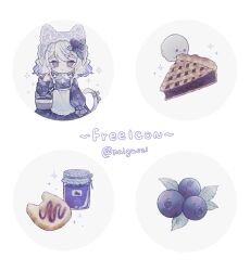  1girl animal_ears apron basket berry blue_bow blue_dress blue_eyes blue_ribbon blue_theme blueberry blueberry_hair_ornament blueberry_jam blueberry_pie blueberry_print bow braid bread bread_slice cat-shaped_food cat_ears cat_girl cat_tail chibi closed_mouth collared_dress commentary_request crumbs dessert dot_mouth drawstring dress ears_under_headwear eating english_text expressionless food food-themed_hair_ornament food_bite food_focus food_on_face frilled_dress frilled_sleeves frills fruit fruit_focus ghost glass hair_ornament highres holding holding_basket jam jar lace_apron lace_headwear lattice_fruit_tart leaf leaf_hair_ornament lolita_fashion long_sleeves naiguozi no_pupils original oversized_food oversized_object pastry picnic_basket pie pie_slice puffy_long_sleeves puffy_sleeves ribbon short_hair side_braids signature simple_background sparkle still_life tail tail_ornament tail_ribbon tied_drawstring toast watercolor_effect wavy_hair white_apron white_background white_hair 