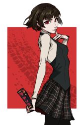  1girl black_hair black_pantyhose black_vest breasts brown_hair checkered_clothes checkered_skirt commentary cowboy_shot finger_to_cheek from_side highres long_sleeves looking_at_viewer medium_breasts niijima_makoto pantyhose persona persona_5 pleated_skirt red_eyes school_uniform short_hair shuujin_academy_school_uniform skirt solo sweater turtleneck turtleneck_sweater vest white_sweater zon_e 