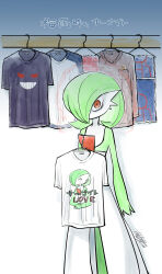 1girl absurdres arms_at_sides artist_name bags_under_eyes bob_cut brown_shirt character_name character_print closet clothes_hanger colored_skin commentary_request diglett english_text flat_chest gardevoir gengar green_hair green_skin hair_over_one_eye hayashialata highres kyogre looking_at_viewer merchandise mixed-language_text multicolored_skin no_mouth one_eye_covered pokemon pokemon_(creature) purple_shirt red_eyes shirt short_hair short_sleeves signature solo standing towel translated two-tone_skin unworn_shirt white_shirt white_skin wide-eyed 