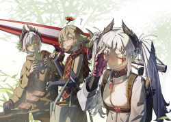  3girls ? absurdres alternate_costume alternate_hairstyle animal_ears arknights bag black_gloves black_pantyhose blue_shorts blush brown_hair brown_pants brown_shirt brown_sweater camera chinese_commentary closed_eyes commentary_request cow_ears cow_girl cow_horns cowboy_shot eating embarrassed english_commentary extra_arms fingerless_gloves flower food gloves green_eyes grey_hair grin hair_between_eyes hair_flower hair_ornament hand_up head_wings highres holding holding_bag holding_camera holding_skewer hood hoodie horns irene_(arknights) jacket long_sleeves meat multiple_girls outdoors pallas_(arknights) pants pantyhose pantyhose_under_shorts raidian_(arknights) red_flower red_scarf scar scar_across_eye scar_on_face scarf shirt shish_kebab shorts simple_background skewer smile sweater tree twintails white_background white_jacket wings yima_(power222222) 