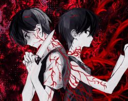  2boys antenna_hair black_eyes black_hair black_sweater_vest black_tank_top closed_mouth collared_shirt colored_skin dual_persona holding holding_knife knife looking_at_another male_focus multiple_boys omori omori_(omori) rou_(h_s_sinrin) shirt short_hair short_sleeves sunny_(omori) sweater_vest tank_top white_shirt white_skin 