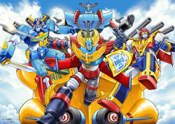  absurdres aoshima_bunka_kyouzai arm_blade arm_shield battleship cannon clouds commentary_request commission company_connection crossover dated day energy_gun gattai_kyokan_yamato gattai_robo_atlanger gattai_robo_musashi godaiger goggles gun head_wings highres holding holding_gun holding_sword holding_weapon horns kodai_robo_godaiger looking_at_viewer mecha mecha_focus mechanical_wings military_vehicle misogram no_humans open_mouth outdoors radar_dish red_hawk_shaiard red_horns red_wings robot shaiard ship ship_turret signature skeb_commission sword tinted_eyewear warship watercraft weapon wings yellow-tinted_eyewear yellow_eyes yellow_horns yellow_wings 