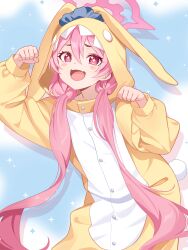  +_+ 1girl absurdres animal_costume blue_archive blush_stickers clenched_hands commentary_request dot_nose fang halo highres koyuki_(blue_archive) koyuki_(pajamas)_(blue_archive) long_hair long_sleeves looking_at_viewer official_alternate_costume onesie open_mouth pajamas pink_eyes pink_hair pink_halo rabbit_costume rabbit_pajamas skin_fang smile solo twintails upper_body very_long_hair xiongji_z_z yellow_pajamas 