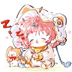  1girl ^_^ aged_down ahoge animal animal_ear_headwear animal_ears baby bangs_pinned_back bib blush_stickers bow bowtie cat cat_ears chinese_commentary cloak closed_eyes clothed_animal commentary_request drooling ear_covers fake_ahoge fake_animal_ears flower frilled_jumpsuit hair_ornament hairclip happy hat hat_flower highres hood hood_up hooded_cloak jumpsuit light_blush long_sleeves medium_hair messy_hair momo_(nikki) nikki_(nikki) nikki_(series) notice_lines on_ground onesie open_mouth pink_hair pom_pom_(clothes) puffy_long_sleeves puffy_sleeves red_bow red_bowtie sitting sleepy smile socks textless_version white_cat white_flower white_hat white_jumpsuit white_socks yellow_cloak yiliwa zzz 