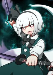  1girl black_hairband blunt_bangs bob_cut commentary_request dual_wielding ghost green_skirt green_vest grey_hair hairband highres holding holding_sword holding_weapon hoshii_1213 katana konpaku_youmu konpaku_youmu_(ghost) short_hair short_sleeves skirt solo sword touhou vest weapon 