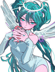  1girl absurdres angel angel_wings aqua_eyes aqua_hair bare_shoulders blue_nails bracelet collar commentary cowboy_shot detached_sleeves dixretsa dress frilled_collar frilled_sleeves frills hatsune_miku highres interlocked_fingers jewelry long_hair long_sleeves looking_at_viewer own_hands_together simple_background solo twintails untranslatable_commentary vocaloid white_background white_dress white_wings wings 