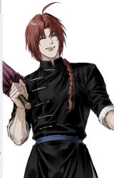  1boy ahoge braid chinese_clothes closed_eyes closed_umbrella curtained_hair gintama hair_over_shoulder highres holding holding_umbrella kamui_(gintama) long_hair male_focus oil-paper_umbrella red_hair short_hair simple_background single_braid sleeves_rolled_up smile solo sso_s tangzhuang umbrella white_background 