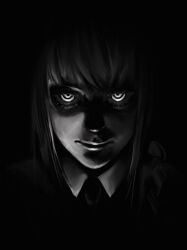  1girl black_background chainsaw_man closed_mouth commentary greyscale highres long_hair makima_(chainsaw_man) monochrome simple_background solo tarinne 