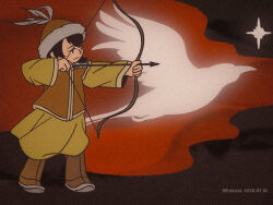  1girl arrow_(projectile) bird black_hair bow_(weapon) brown_hat brown_shoes drawing_bow flying fur-trimmed_headwear fur_trim hat highres holding holding_bow_(weapon) holding_weapon khulan_(tenmaku_no_jaadugar) mongolian_clothes red_background robe shoes shu_hakaze silhouette sparkle tenmaku_no_jaadugar weapon yellow_robe 