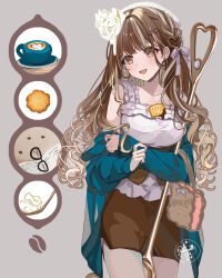  1girl :d artist_name bag black-framed_eyewear blue_jacket blush braid breasts brown_eyes brown_hair brown_skirt camisole coffee collarbone commentary_request cookie cowboy_shot cup curly_hair earrings food frilled_shirt frills glasses grey_background hair_ornament hair_ribbon hand_on_own_arm handbag head_tilt highres jacket jewelry long_hair long_sleeves looking_to_the_side medium_breasts miniskirt off_shoulder open_mouth original oversized_object pencil_skirt personification puracotte ribbon saucer shirt signature simple_background skirt sleeveless sleeveless_shirt smile solo spoon standing very_long_hair wavy_hair whipped_cream white_camisole white_shirt 