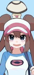  1girl black_eyes blue_background bouro73 breasts brown_hair closed_eyes commentary_request double_bun eyelashes foongus hair_between_eyes hair_bun hat highres long_hair long_sleeves on_head open_mouth poke_ball_print pokemon pokemon_(creature) pokemon_adventures pokemon_on_head rosa_(pokemon) shirt sidelocks signature simple_background smile twintails u_u upper_body white_hat white_shirt 
