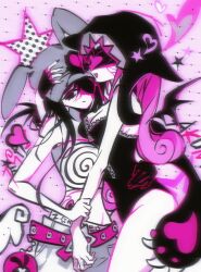  2girls absurdres alien_stage baseball_cap beanie belt black_eyes black_hair black_hat black_leotard commentary curled_ends earflap_beanie grey_hat hand_on_another's_head hat heart highres holding_another's_wrist leotard long_hair lowleg mizi_(alien_stage) mizi_(zombie_stage) multiple_girls official_alternate_costume panties panty_peek pink_background pink_belt pink_hair polka_dot polka_dot_background rabbit_ear_headwear romaji_text smile spiral_print star_(symbol) strapless strapless_leotard sua_(alien_stage) sua_(zombie_stage) tube_top underwear white_tube_top xilin zipper zipper_leotard zipper_pull_tab zombie_stage 