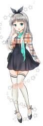  1boy :d adjusting_skirt alternate_costume ankle_ribbon bag black_bag black_hairband black_ribbon black_shoes black_skirt blend_s blush casual commentary_request crossdressing crossdressing_(mtf) frilled_sleeves frills full_body green_eyes green_scarf grey_hair hairband hand_up high-waist_skirt high_heels highres invisible_floor kanzaki_hideri knees_together_feet_apart leg_ribbon long_hair long_sidelocks long_sleeves looking_at_viewer male_focus melings_(aot2846) open_mouth plaid_clothes plaid_shirt pumps ribbon scarf shirt shoes shoulder_bag sidelocks skirt smile solo standing star_(symbol) strappy_heels thigh-highs trap white_background white_thighhighs zettai_ryouiki 