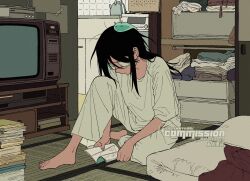  1girl 1other artist_name barefoot black_hair book book_stack closed_mouth colored_inner_hair commission eyelashes eyepatch fingernails full_body highres indoors long_hair medical_eyepatch mihuashi_commission multicolored_hair note open_book original pants rokkatera shelf shirt sitting solo television watermark white_pants white_shirt 