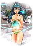  :o aqua_hair bad_id bikini bikini_top highres lum navel oni open_mouth shigureteki snow solo swimsuit tiger_print urusei_yatsura 