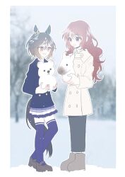  2girls animal_ears artist_request black_jacket boots brown_boots brown_eyes brown_hair brown_shoes commission ear_covers female_trainer_(umamusume) full_body hands_up highres holding horse_ears horse_girl horse_tail jacket long_hair long_skirt multiple_girls outdoors outline pleated_skirt protected_link purple_skirt purple_thighhighs red_hair school_uniform second-party_source shoes short_hair skirt smile snow snow_animal standing stay_gold_(umamusume) tail thigh-highs tracen_school_uniform trainer_(umamusume) tree umamusume white_outline 