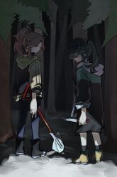  2girls black_hair black_visor_cap brown_hair commentary_request dark forest from_behind frown glaring high_ponytail highres holding holding_knife holding_shovel honogurashi_no_niwa knife looking_back multiple_girls nature night ponytail profile sazanka_(honogurashi) shovel smile tobari_(honogurashi) user_yudd4285 v visor_cap 