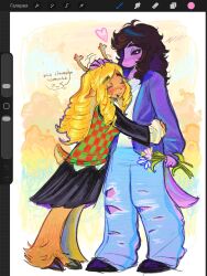  >_< 2girls animal_ears animal_feet antlers art_program_in_frame black_skirt blonde_hair blue_jacket blue_pants blush brown_fur brown_hair butch/femme_couple checkered_clothes checkered_sweater_vest closed_eyes collared_shirt colored_skin couple deer_antlers deer_ears deer_girl deer_tail deltarune english_text eyelashes flower freckles full_body furry furry_female furry_with_furry heart highres holding holding_flower horns hug jacket multiple_girls noelle_holiday pants purple_skin red_nose reptile_girl ringlets shirt skirt speech_bubble susie_(deltarune) sweater_vest tail termasikthepup tomboy torn_clothes torn_pants utdr_(toby_fox) white_shirt yuri 