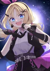  1girl black_hairband black_jacket black_necktie black_skirt blonde_hair blue_eyes blue_hair blurry bokeh bow bow_hairband collared_shirt commentary depth_of_field fang floating_neckwear gradient_hair hair_bow hair_ornament hairband highres hisaka holding holding_microphone i_do_me!_(love_live!) jacket looking_at_viewer love_live! love_live!_hasu_no_sora_jogakuin_school_idol_club microphone multicolored_hair necktie open_clothes open_jacket osawa_rurino pink_bow shirt skin_fang skirt sleeveless sleeveless_jacket solo sweat twintails upper_body white_shirt x_hair_ornament 