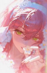 1girl chromatic_aberration commission dated eyelashes film_grain flower flower_hairband green_eyes hair_between_eyes hair_flower hair_ornament hairband highres holding holding_flower light_particles long_hair mihuashi_commission original portrait red_hair rose sizuka_(komorilian) solo watermark white_flower white_hairband white_rose 