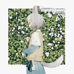  1girl animal_ears artist_name bag blue_skirt border commission cowboy_shot expressionless fingernails flower grey_eyes grey_hair grey_tail highres leaf long_hair long_sleeves mihuashi_commission original outside_border profile rokkatera sidelocks skirt solo sweater_vest tail watermark white_border white_flower yellow_sweater_vest 