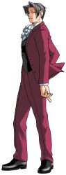  1boy absurdres ace_attorney ascot black_shoes black_vest closed_mouth commentary curtained_hair edaki_shin'ya english_commentary formal_clothes full_body grey_eyes grey_hair hair_intakes highres jacket long_sleeves looking_at_viewer male_focus miles_edgeworth official_art open_clothes pants phoenix_wright:_ace_attorney purple_jacket shirt shoes short_hair simple_background solo standing suit third-party_source transparent_background vest white_shirt 